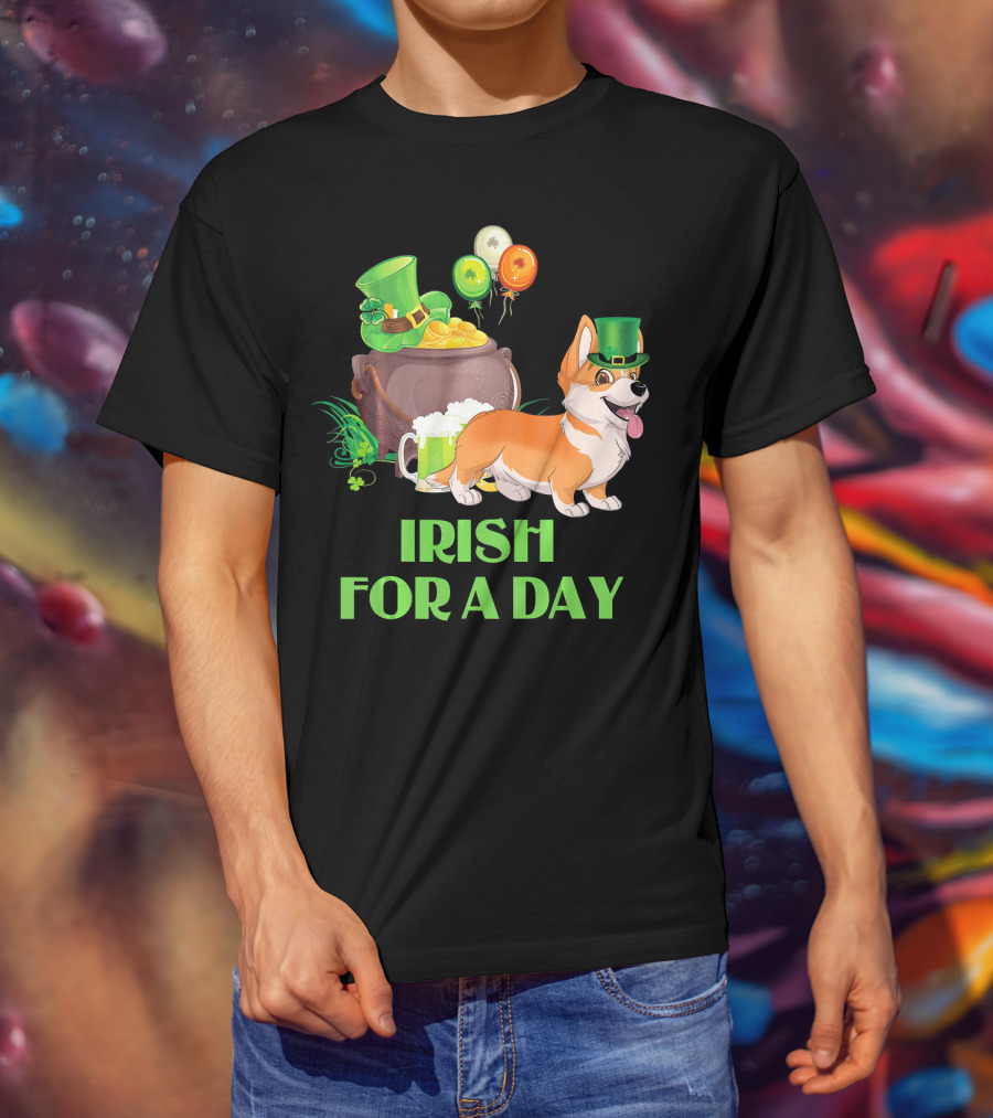 Irish For A Day Welsh Corgi Dog Leprechaun Pot Of Gold Balloons T-Shirt