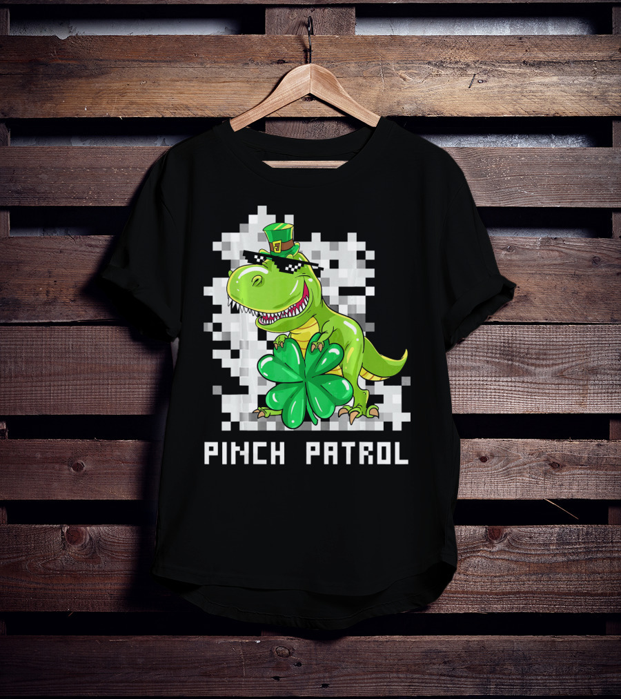 St Patrick Day Dinosaur Pinch Patrol Pixelated Clover And Hat T-Shirt