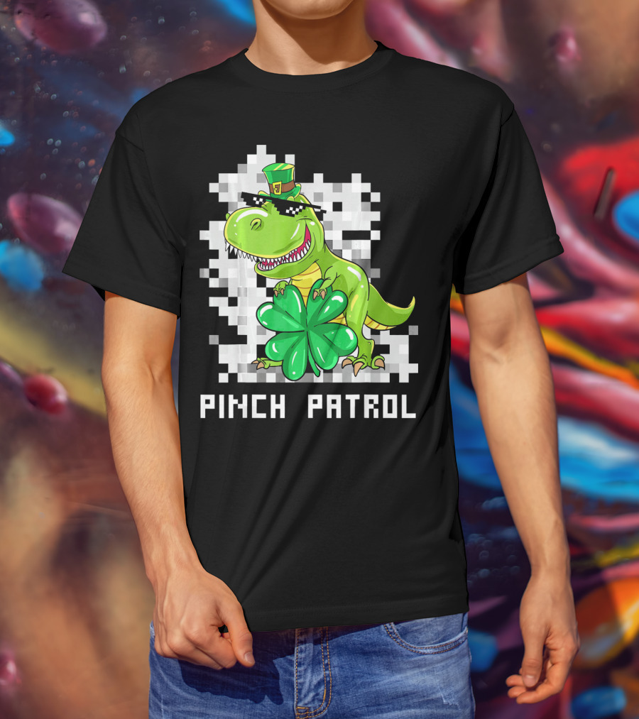 St Patrick Day Dinosaur Pinch Patrol Pixelated Clover And Hat T-Shirt