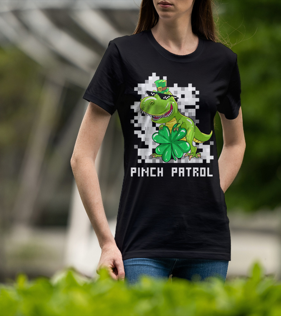 St Patrick Day Dinosaur Pinch Patrol Pixelated Clover And Hat T-Shirt