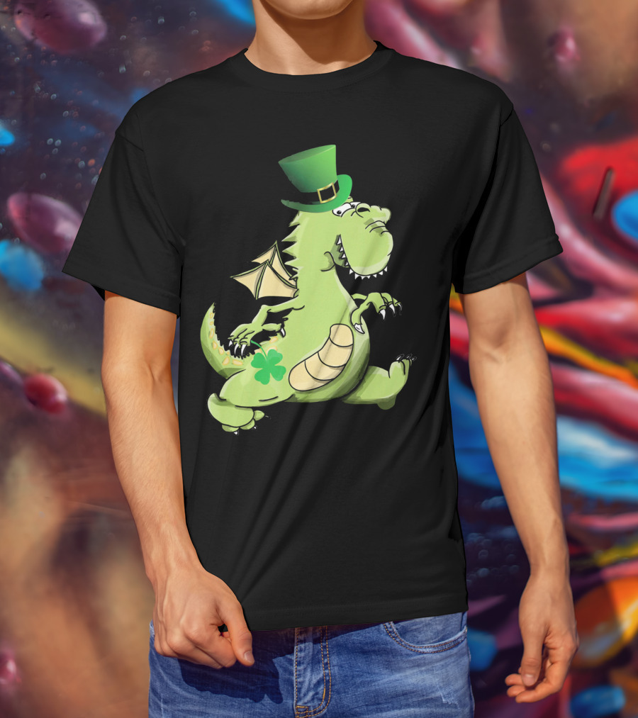 St Patrick's Day Dragon Wearing Leprechaun Hat With Shamrock T-Shirt