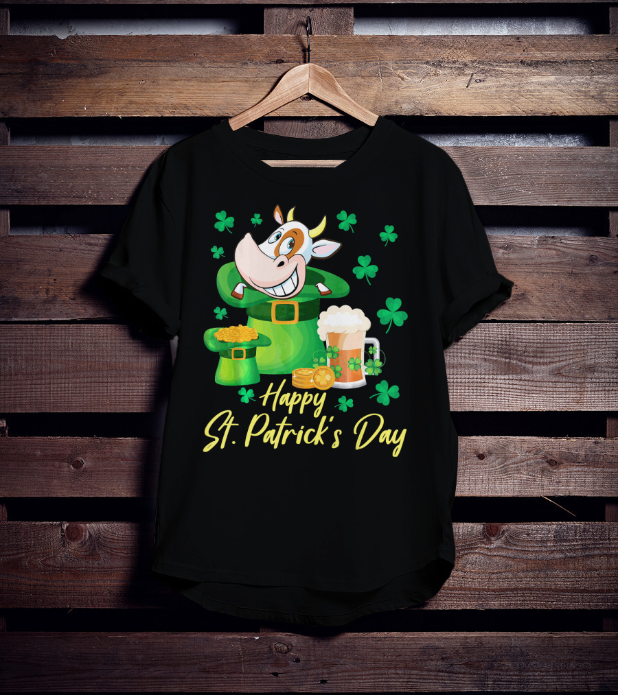 Happy St. Patrick's Day Cow Dancing In Leprechaun Hat With Gold Coins And Beer T-Shirt