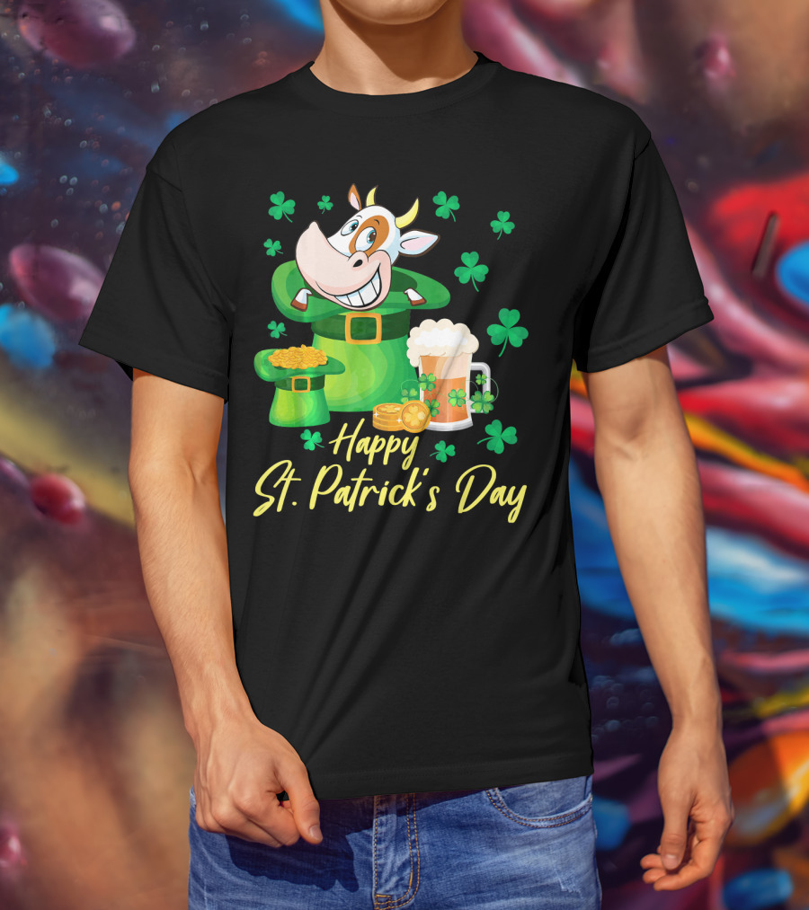 Happy St. Patrick's Day Cow Dancing In Leprechaun Hat With Gold Coins And Beer T-Shirt