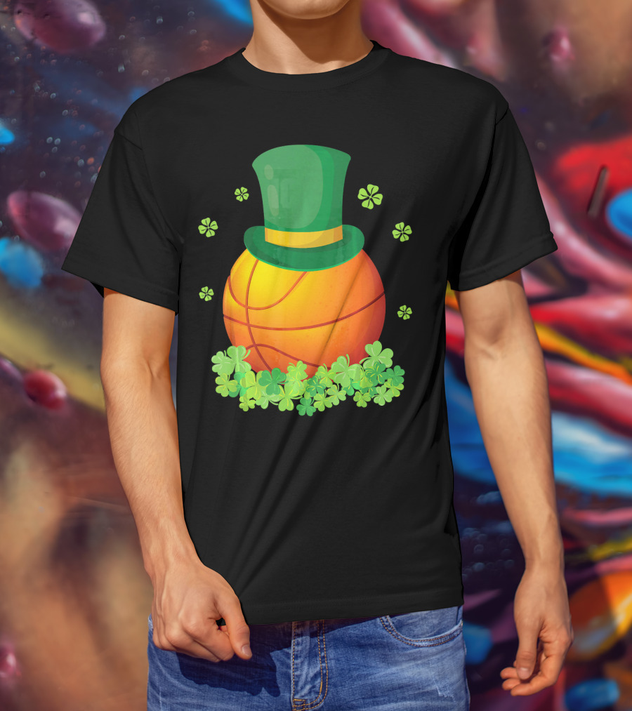 Basketball With Leprechaun Hat And Shamrocks Playing Around T-Shirt