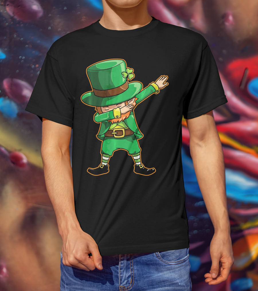 Funny Leprechaun Dabbing Dance Icon In Green Outfit And Hat T-Shirt