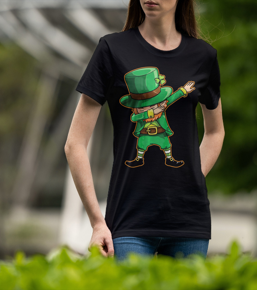 Funny Leprechaun Dabbing Dance Icon In Green Outfit And Hat T-Shirt