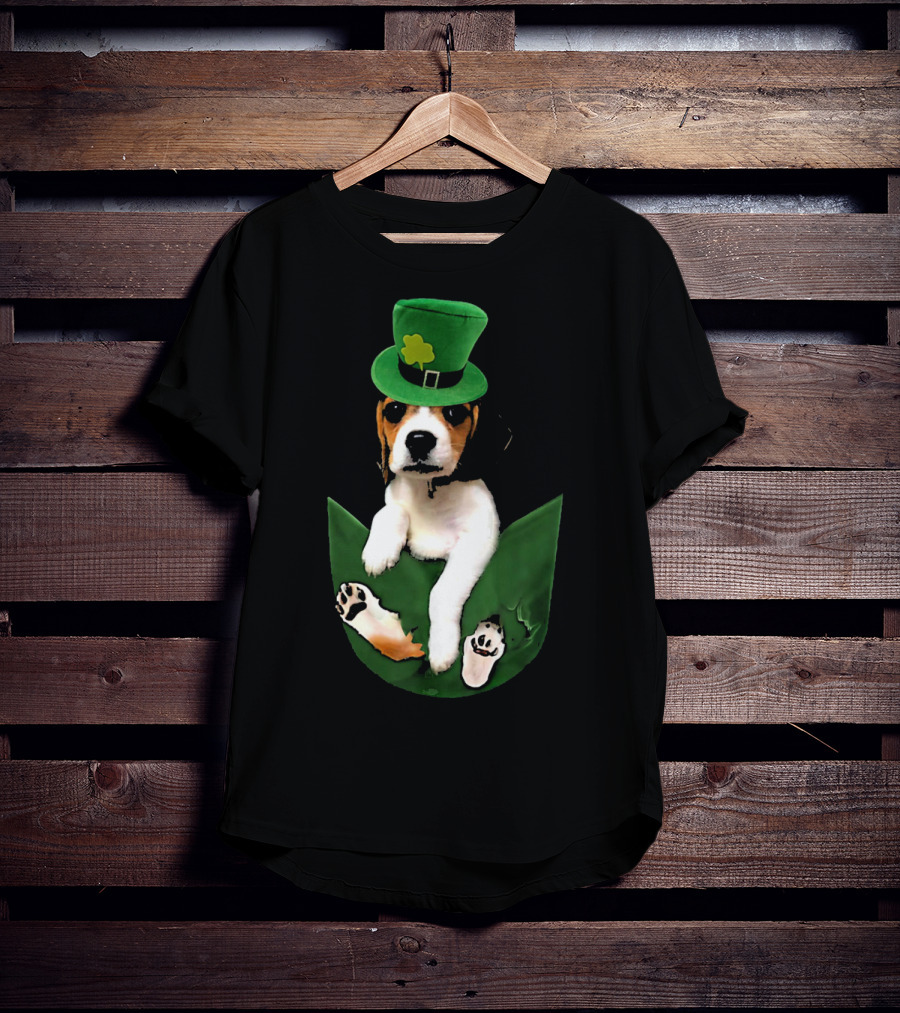 Beagle In Green Pocket With St Patrick's Hat And Shamrock T-Shirt