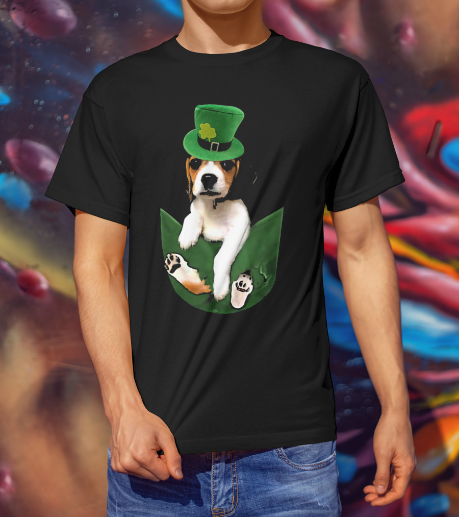 Beagle In Green Pocket With St Patrick's Hat And Shamrock T-Shirt