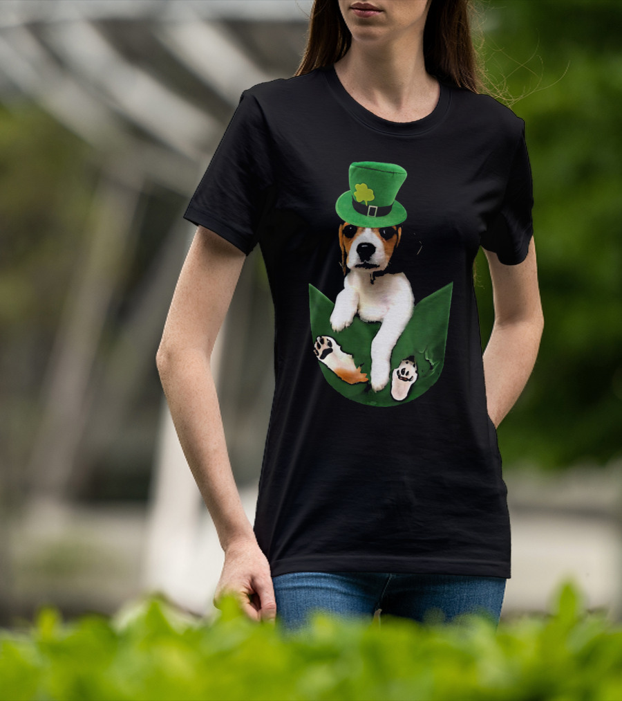 Beagle In Green Pocket With St Patrick's Hat And Shamrock T-Shirt