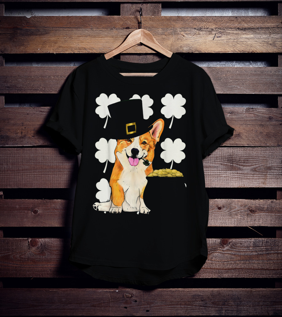 Irish Corgi St. Patricks Day Clover Leprechaun Hat And Pot Of Gold T-Shirt