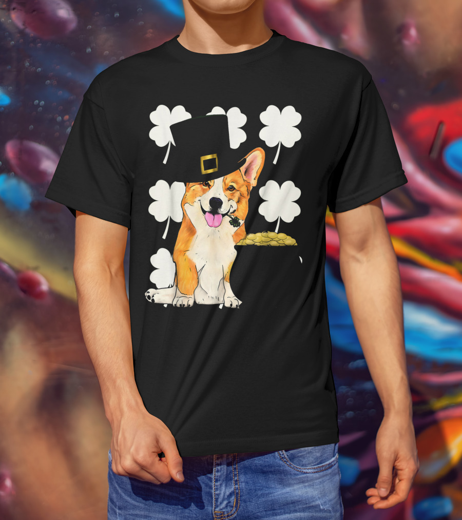 Irish Corgi St. Patricks Day Clover Leprechaun Hat And Pot Of Gold T-Shirt