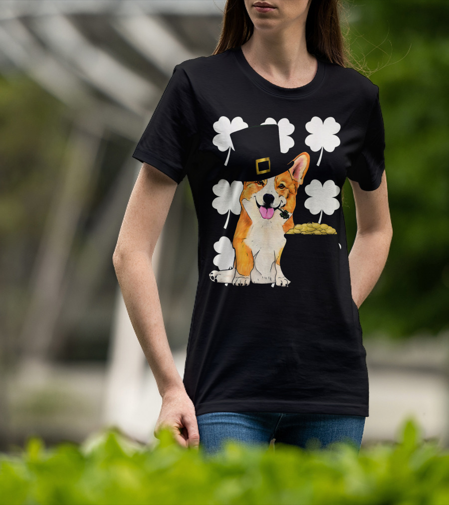Irish Corgi St. Patricks Day Clover Leprechaun Hat And Pot Of Gold T-Shirt
