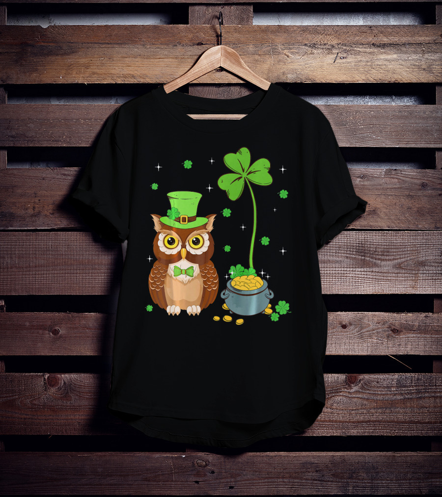 Shamrock Leprechaun Owl Pot Of Gold T-Shirt