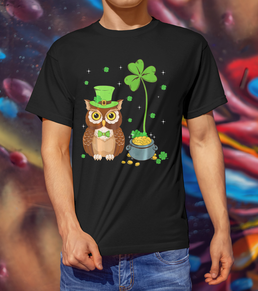 Shamrock Leprechaun Owl Pot Of Gold T-Shirt