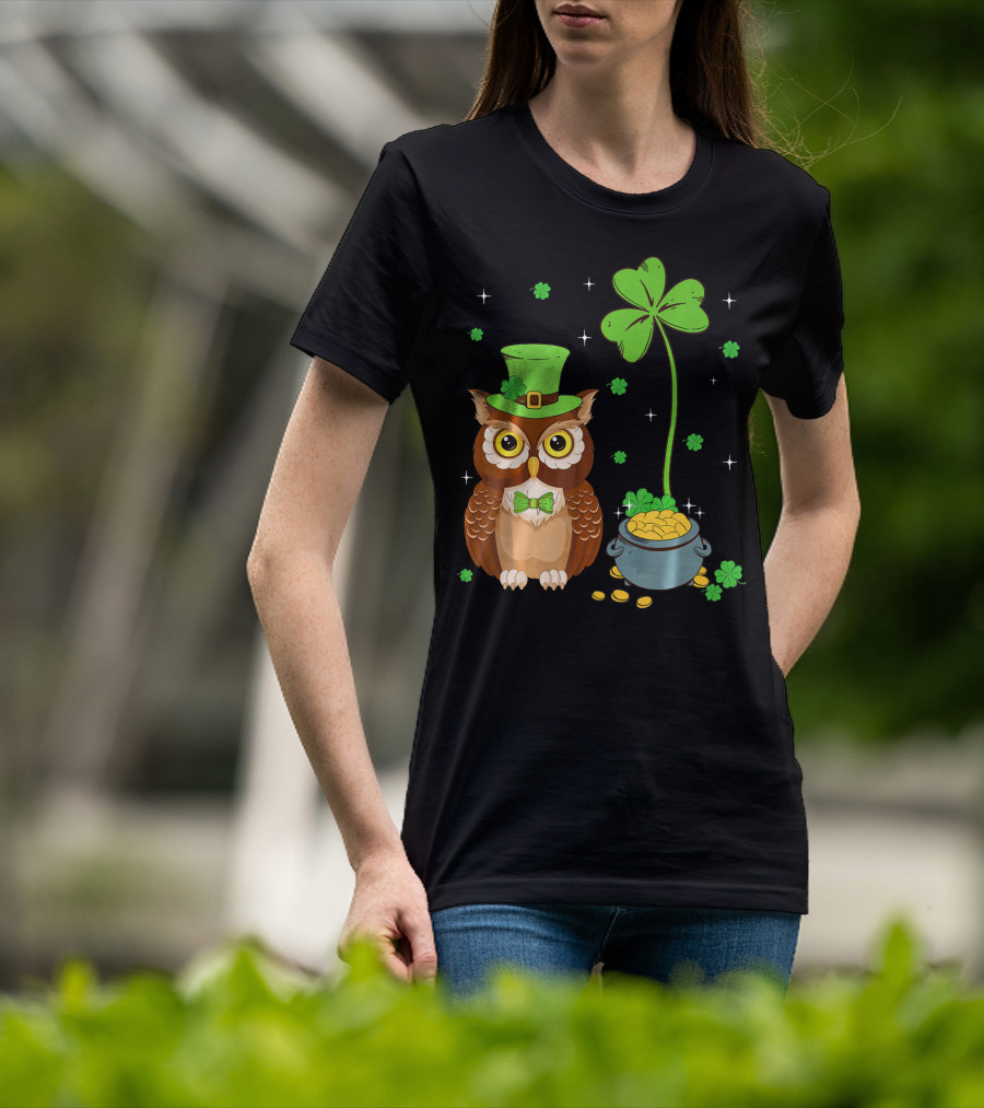 Shamrock Leprechaun Owl Pot Of Gold T-Shirt