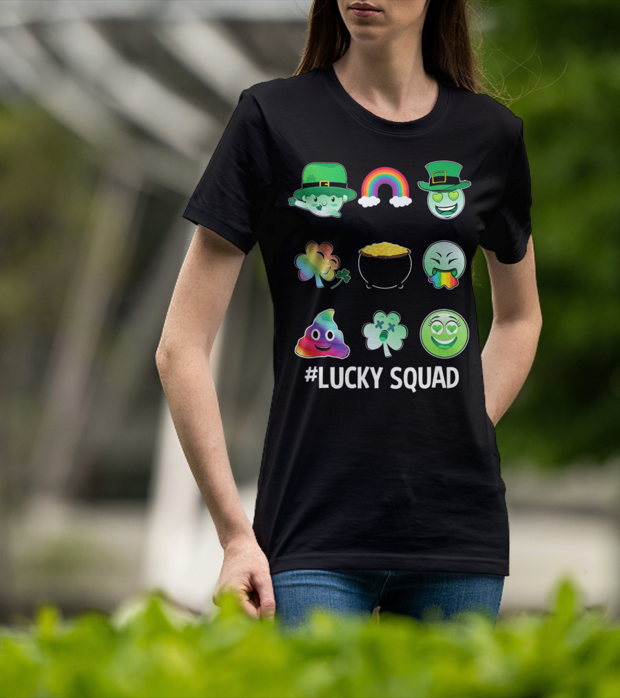 Lucky Squad St. Patricks Day Emoji Rainbow Clover Pot Of Gold T-Shirt
