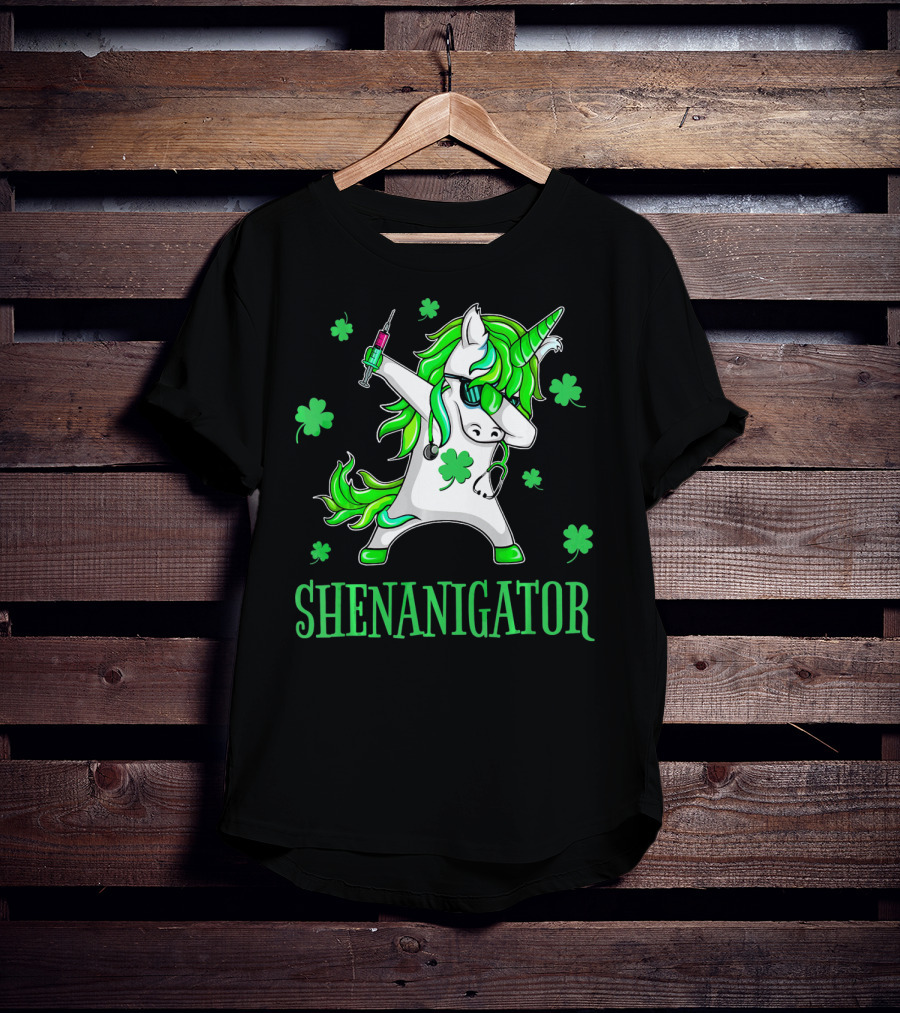 Unicorn Dabbing Shenanigator With Shamrocks And Syringe T-Shirt