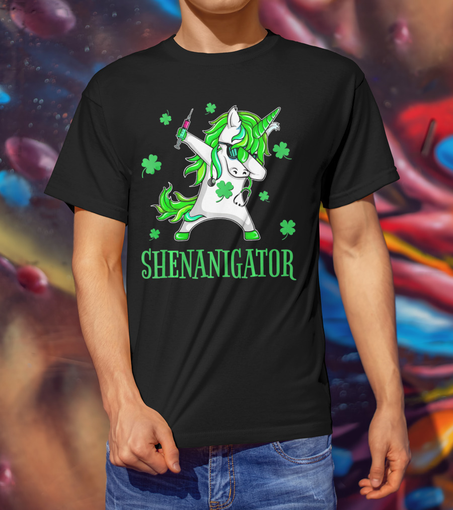 Unicorn Dabbing Shenanigator With Shamrocks And Syringe T-Shirt