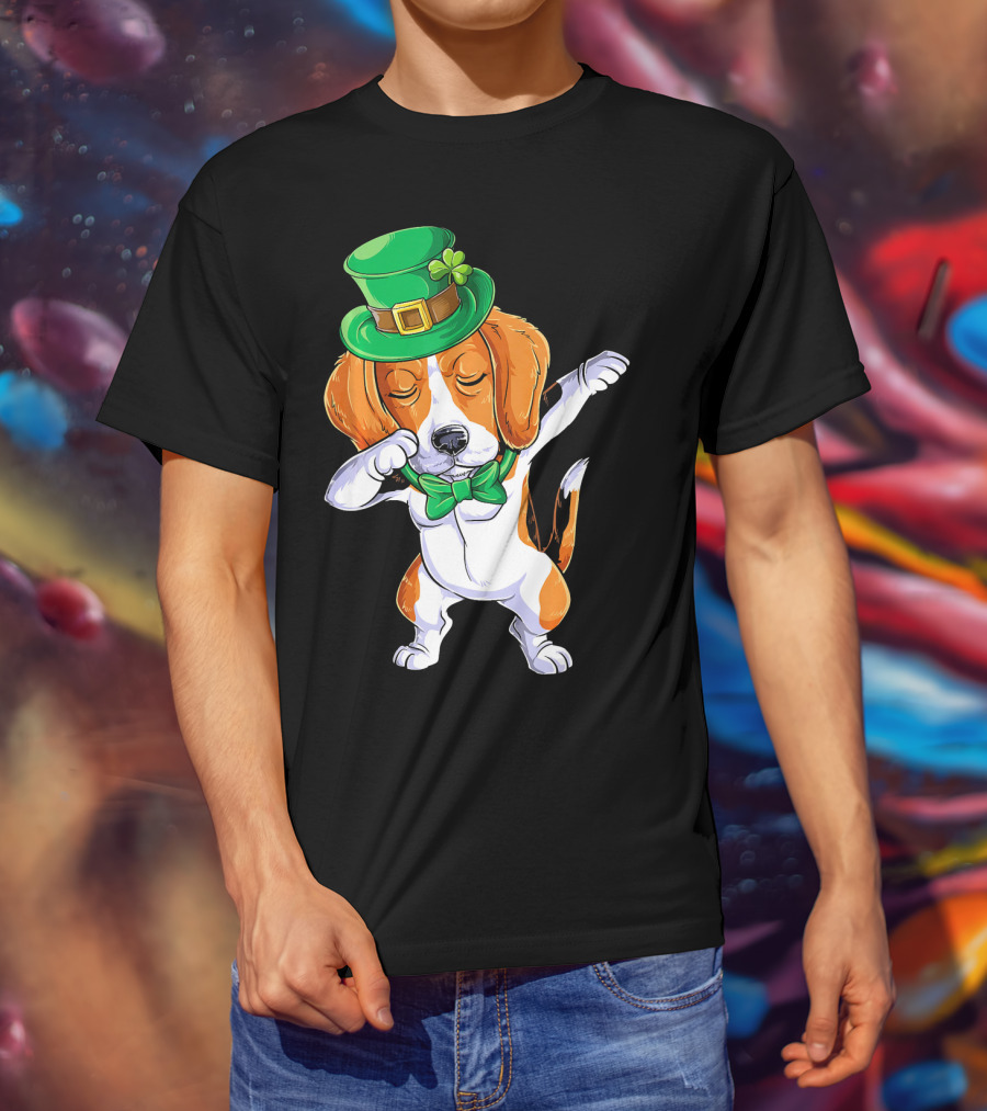 Dabbing Beagle St Patricks Day Boys Leprechaun Hat Bow Tie Shamrock T-Shirt