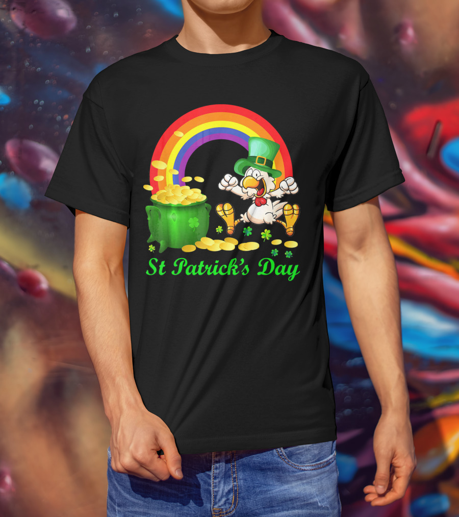 St Patrick's Day Chicken Leprechaun With Pot Of Gold And Rainbow T-Shirt