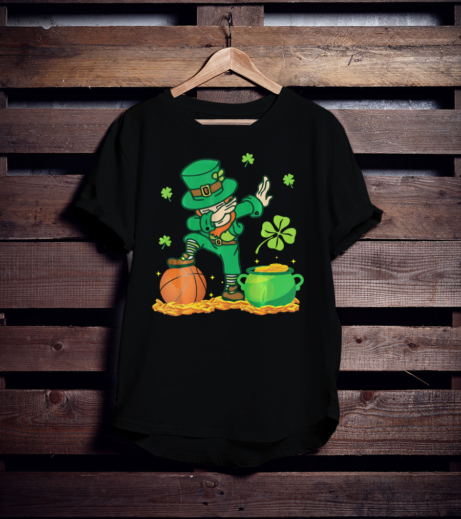 Leprechaun Dab With Basketball And Pot Of Gold Filled With Coins And Shamrocks T-Shirt