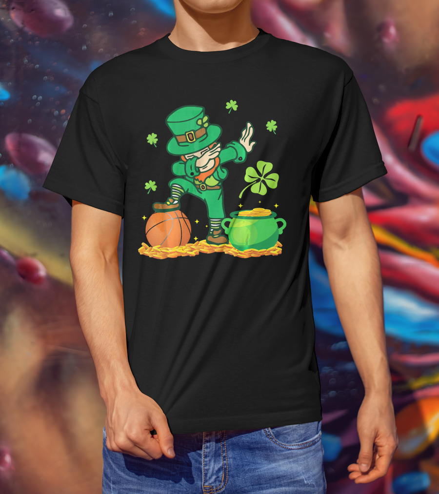 Leprechaun Dab With Basketball And Pot Of Gold Filled With Coins And Shamrocks T-Shirt