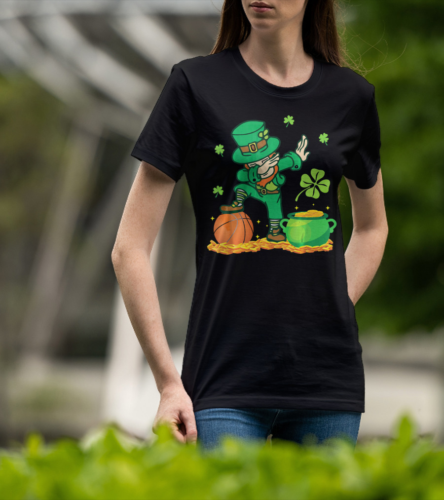Leprechaun Dab With Basketball And Pot Of Gold Filled With Coins And Shamrocks T-Shirt