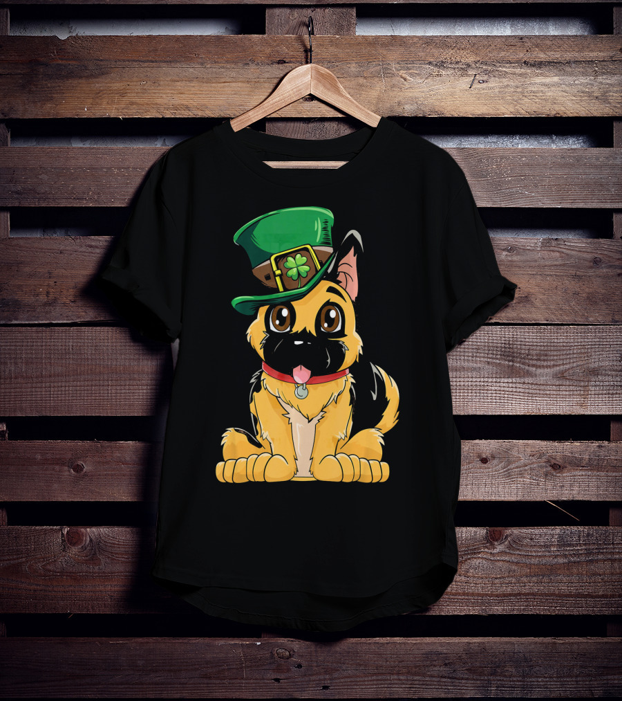German Shepherd Wearing Leprechaun Hat With Clover T-Shirt