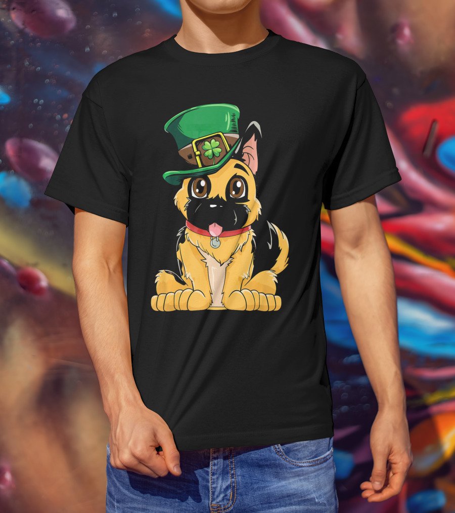 German Shepherd Wearing Leprechaun Hat With Clover T-Shirt