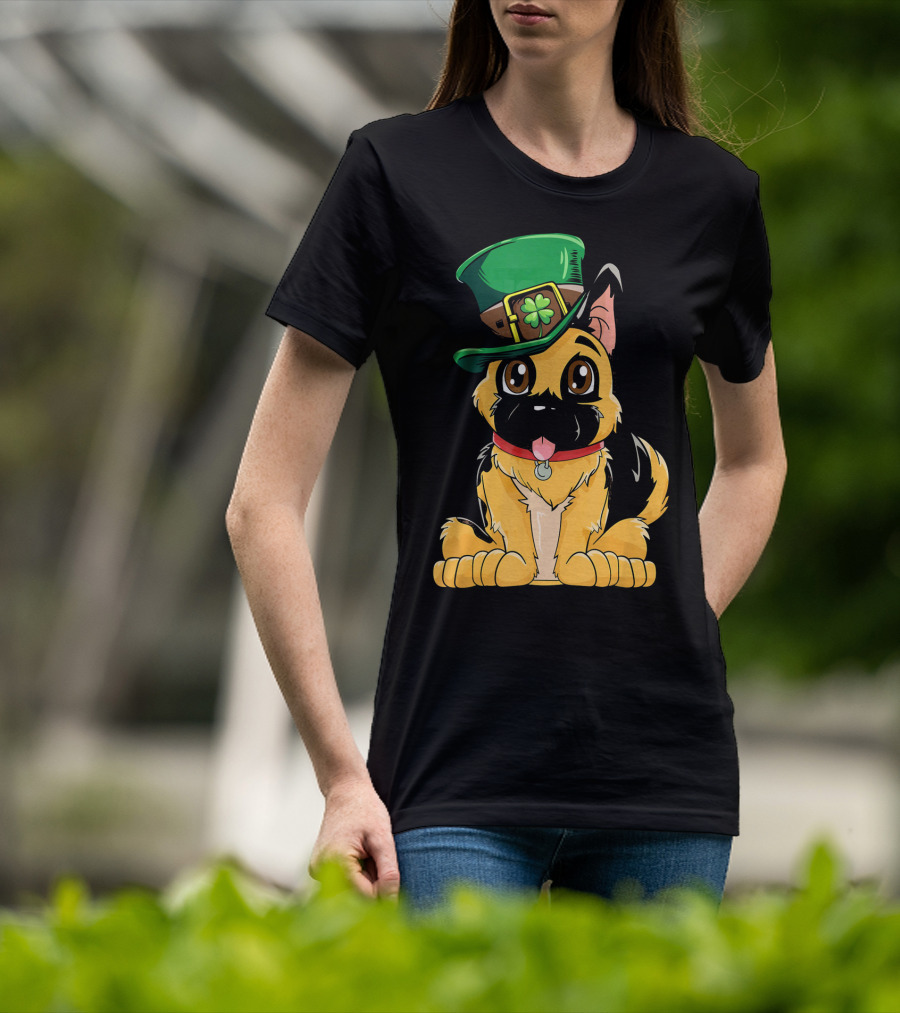 German Shepherd Wearing Leprechaun Hat With Clover T-Shirt