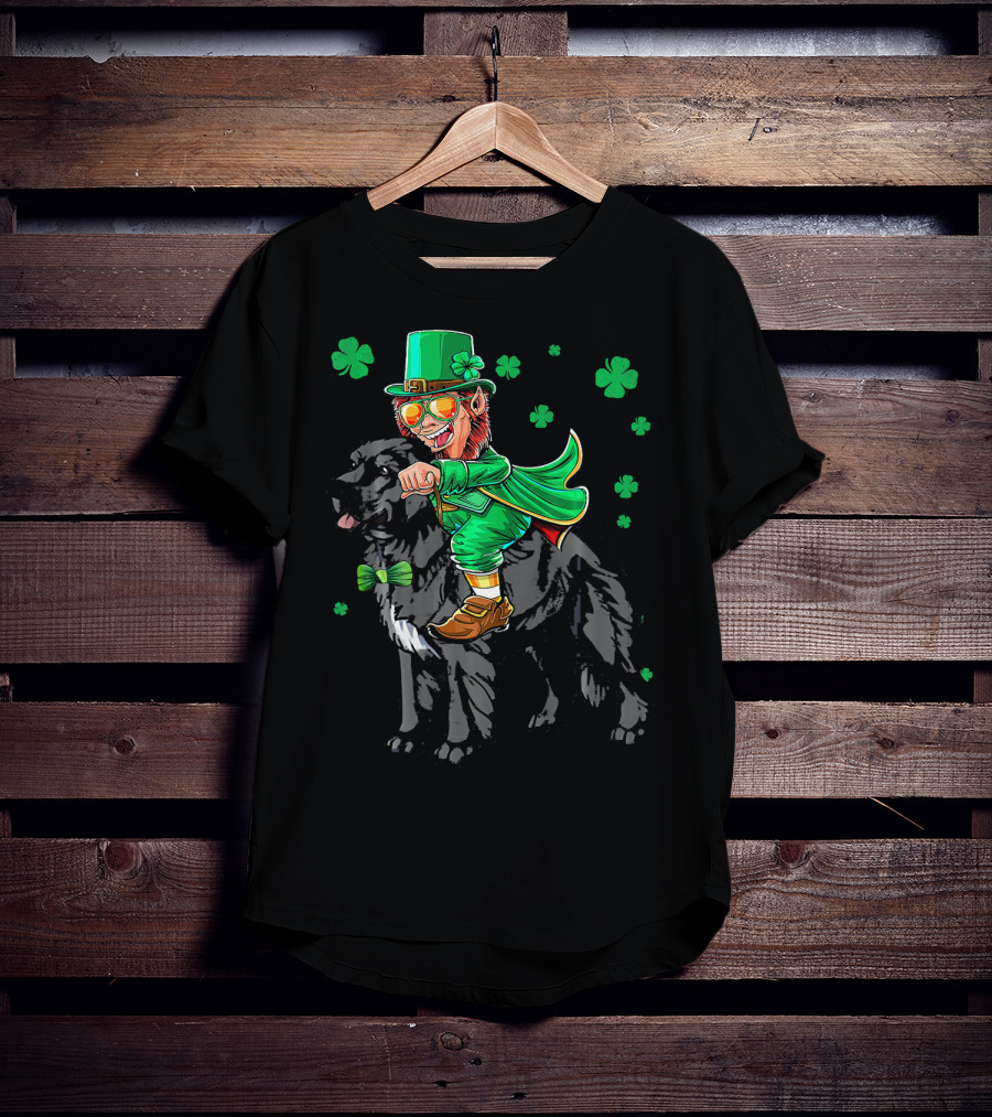 Leprechaun Riding Newfoundland Dog With Shamrocks For St. Pat's Day T-Shirt