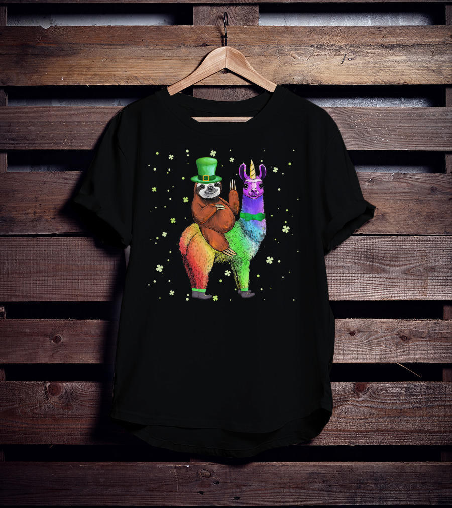 St. Patrick's Day Sloth With Green Hat On Rainbow Unicorn Llama T-Shirt