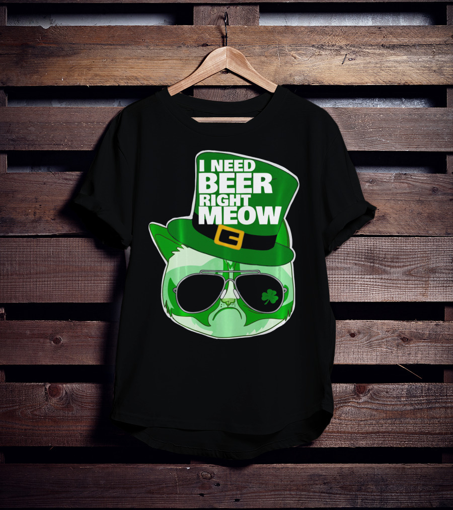 I Need Beer Right Meow Funny St Patricks Day Cat With Green Leprechaun Hat And Sunglasses T-Shirt
