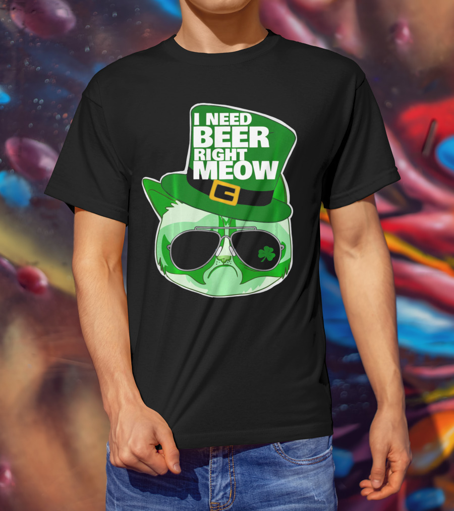 I Need Beer Right Meow Funny St Patricks Day Cat With Green Leprechaun Hat And Sunglasses T-Shirt