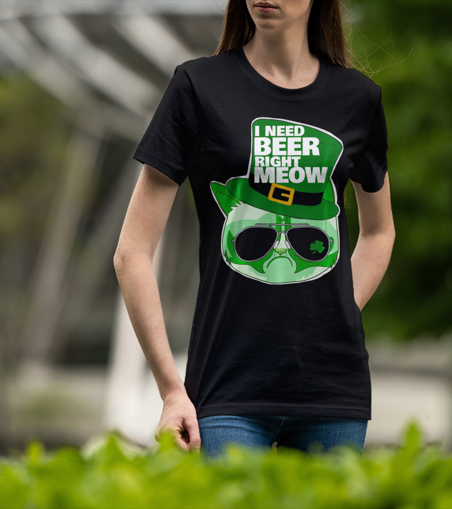 I Need Beer Right Meow Funny St Patricks Day Cat With Green Leprechaun Hat And Sunglasses T-Shirt