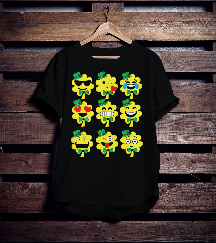 St Patricks Day Kids Emoji Shamrock Faces With Top Hats And Bowties T-Shirt