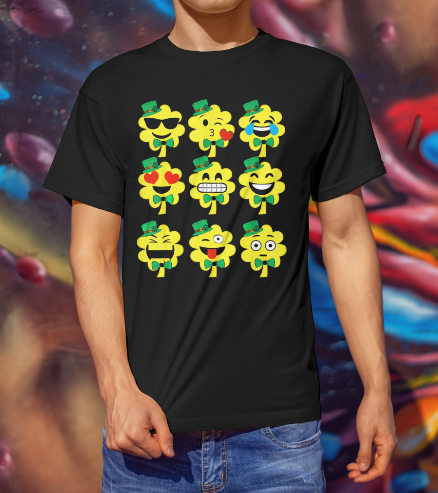 St Patricks Day Kids Emoji Shamrock Faces With Top Hats And Bowties T-Shirt