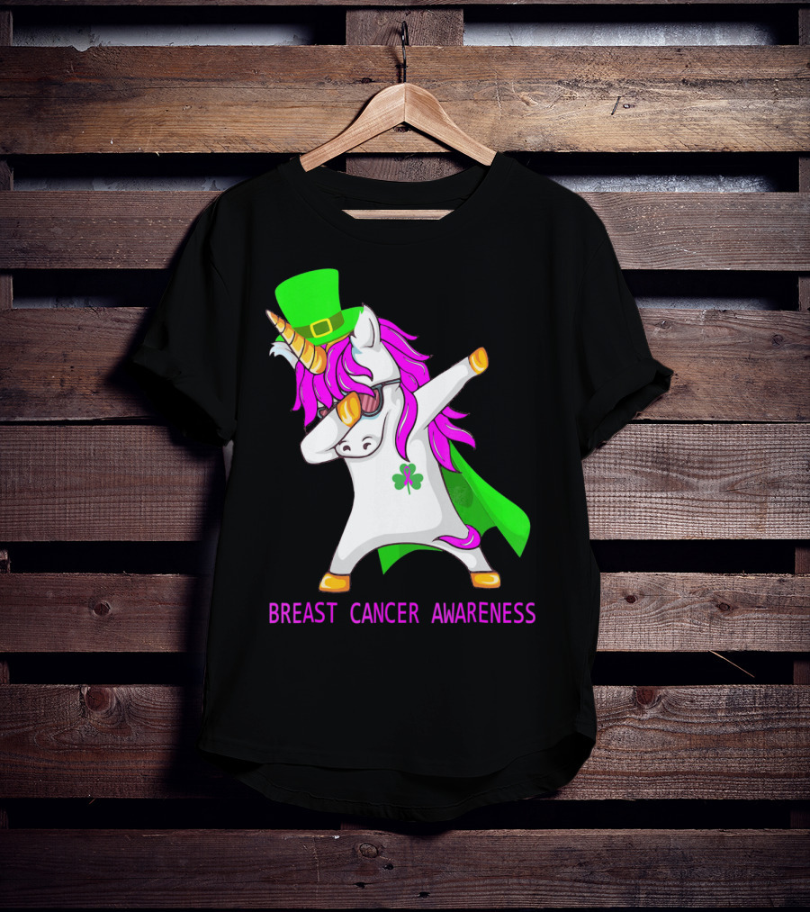 Unicorn Breast Cancer Awareness Dabbing With Green Hat And Clover Patrick T-Shirt
