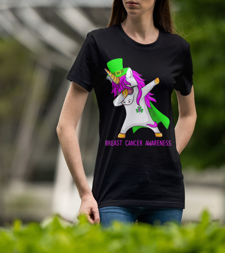 Unicorn Breast Cancer Awareness Dabbing With Green Hat And Clover Patrick T-Shirt