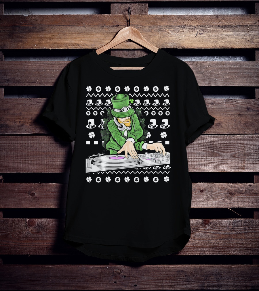 Leprechaun DJ Mixing With Shamrocks And Top Hats T-Shirt
