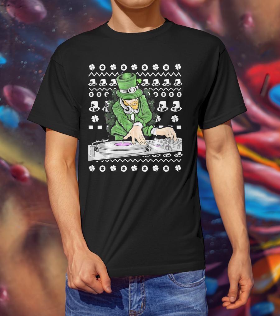 Leprechaun DJ Mixing With Shamrocks And Top Hats T-Shirt