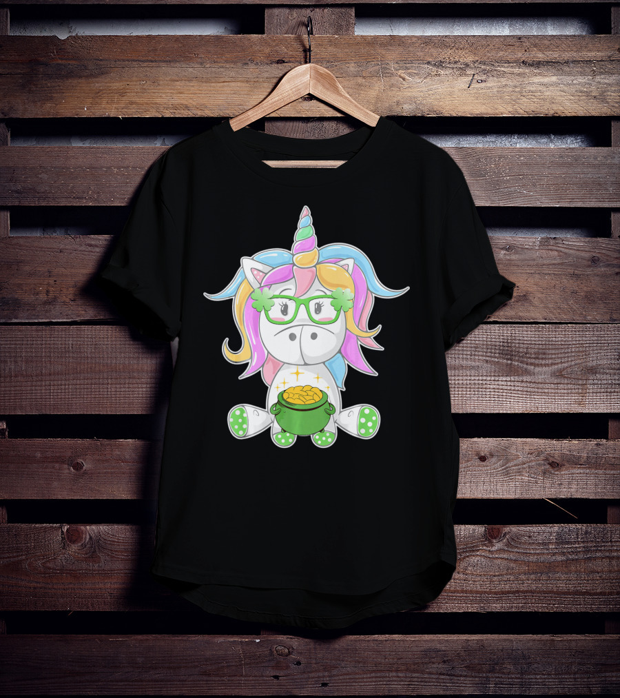 Unicorn Face Saint Patricks Day Shamrock Glasses Pot Of Gold T-Shirt