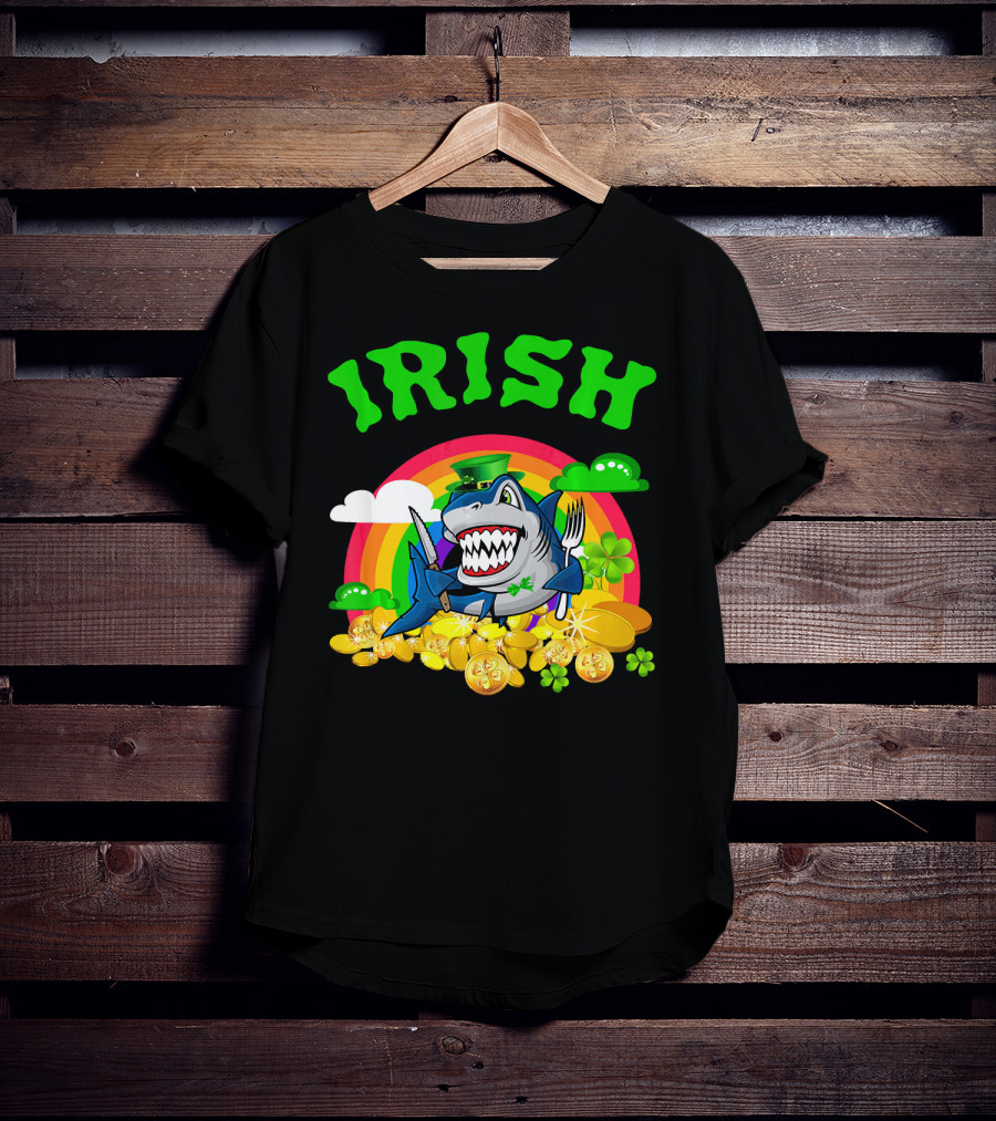 Irish Shark Funny St Patricks Day Leprechaun Rainbow Coins T-Shirt