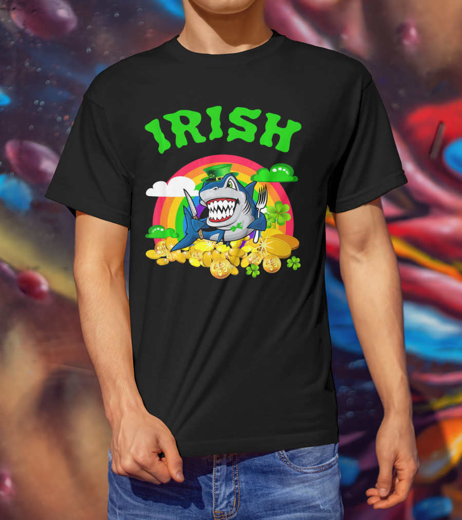 Irish Shark Funny St Patricks Day Leprechaun Rainbow Coins T-Shirt