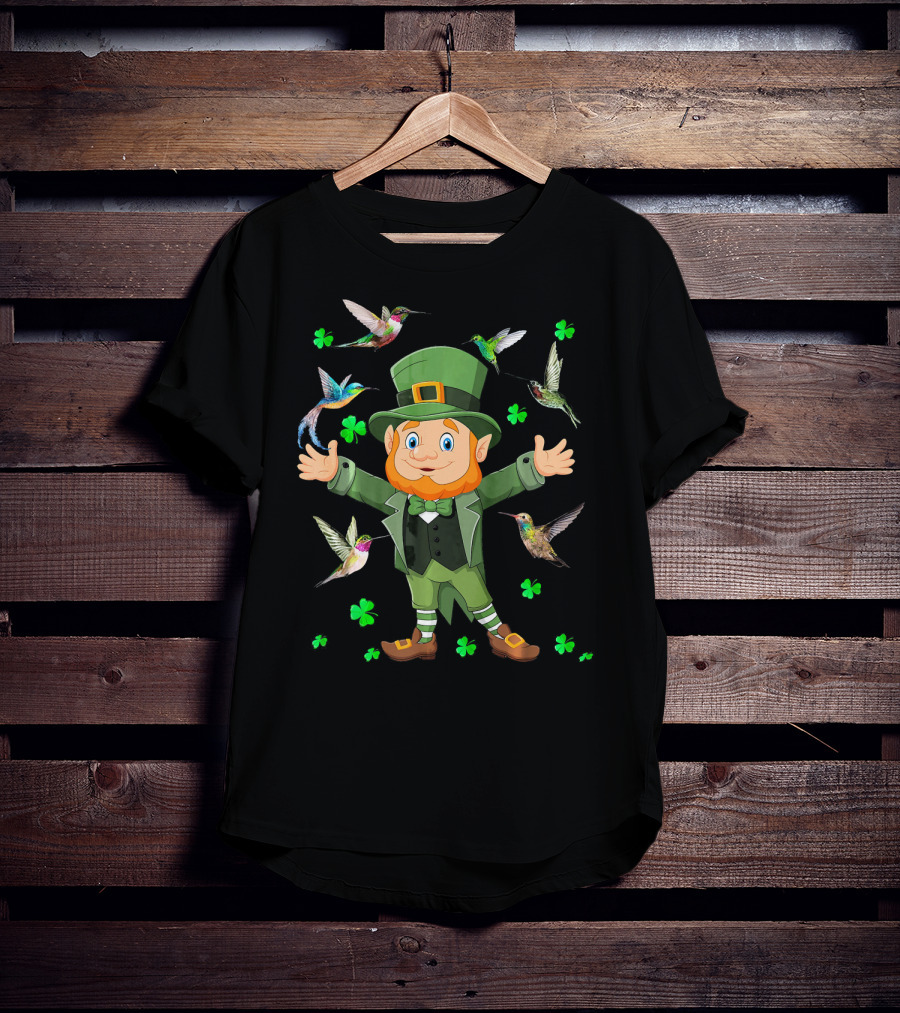 St Patricks Day Leprechaun With Hummingbirds And Shamrocks T-Shirt