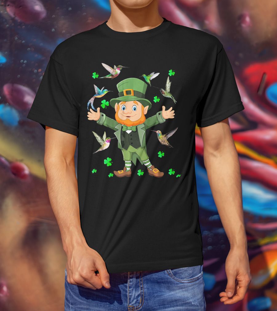 St Patricks Day Leprechaun With Hummingbirds And Shamrocks T-Shirt