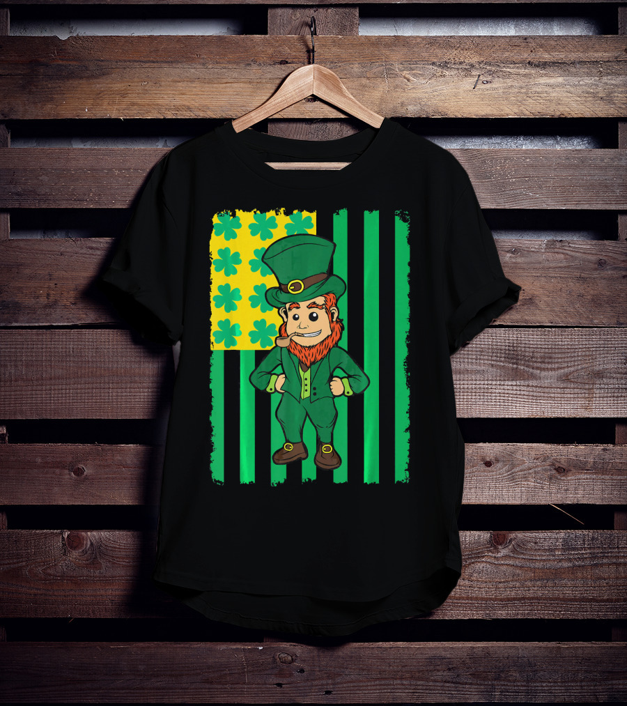 Irish American Leprechaun With Clover Flag T-Shirt