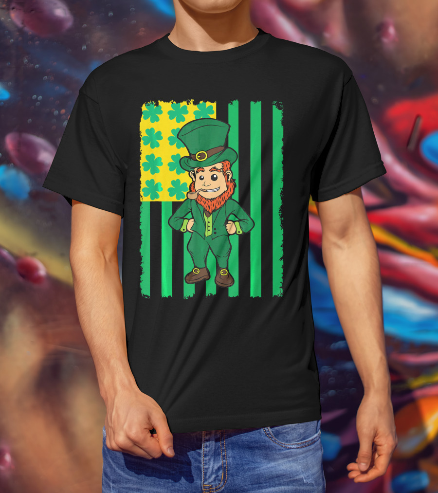 Irish American Leprechaun With Clover Flag T-Shirt