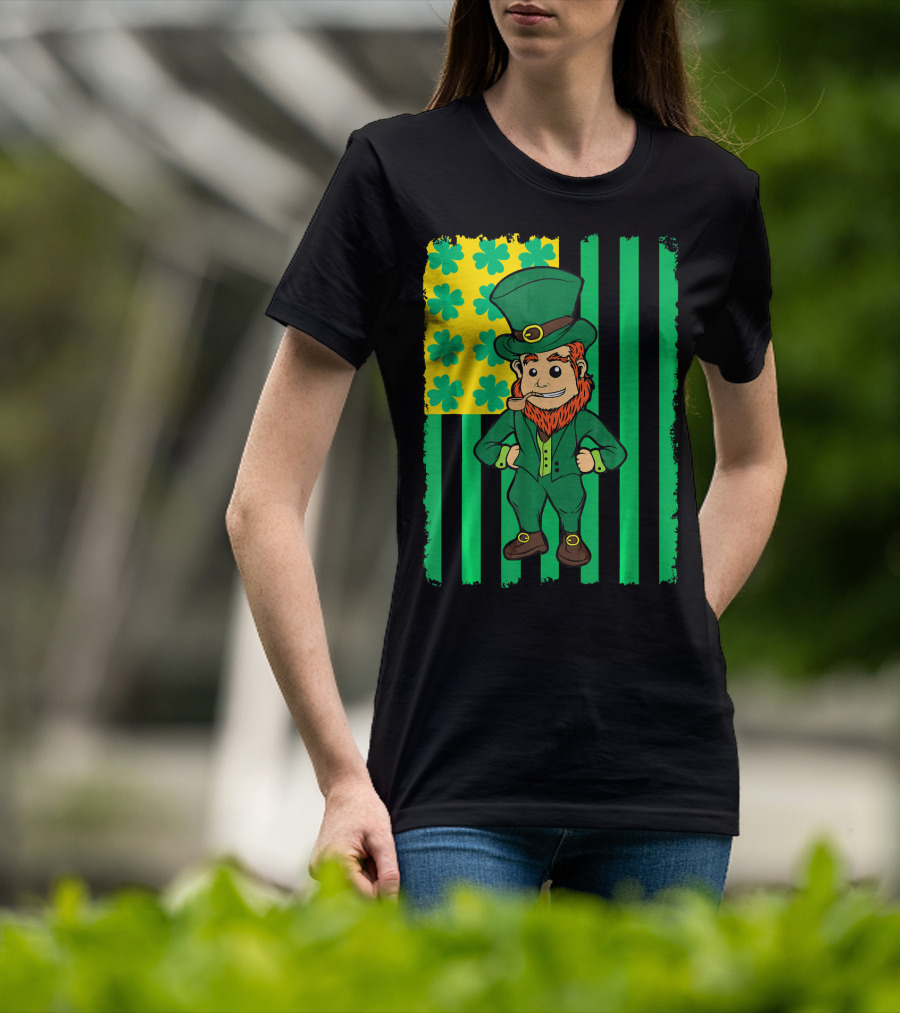 Irish American Leprechaun With Clover Flag T-Shirt