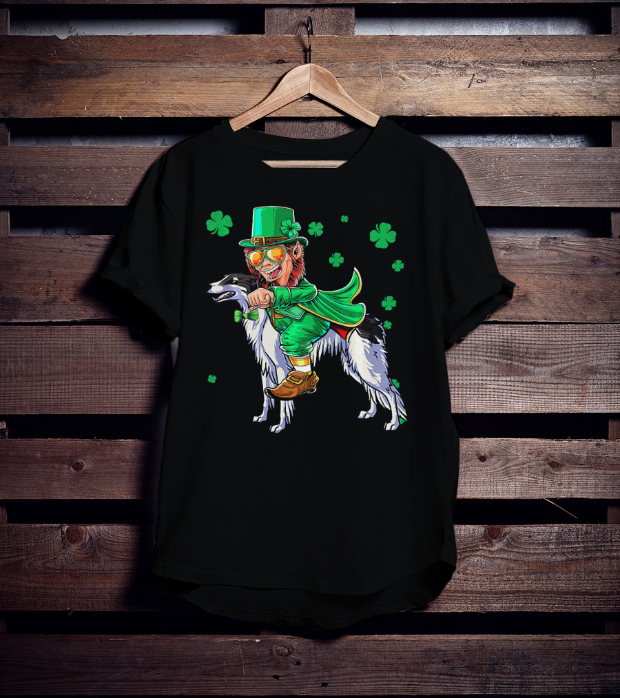 Leprechaun Riding Borzoi With Shamrocks St. Patrick's Day T-Shirt